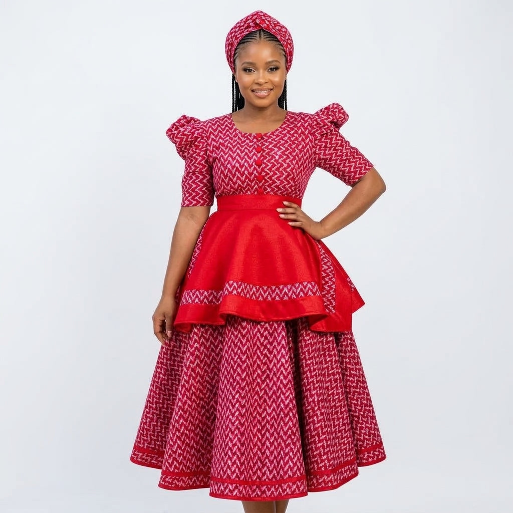 Red Printed Peplum Puff Sleeve Traditional Midi Dress