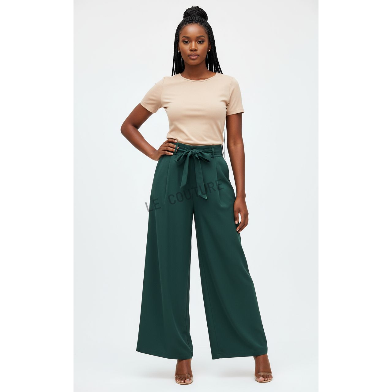High Waist Plicated Detail Bow Front Wide Leg Pants