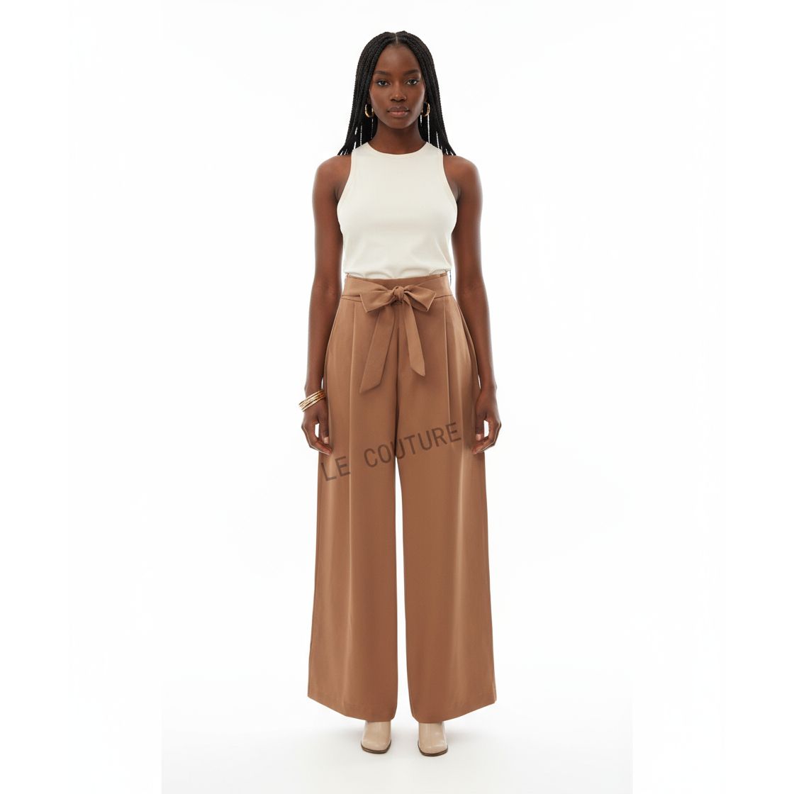 High Waist Plicated Detail Bow Front Wide Leg Pants