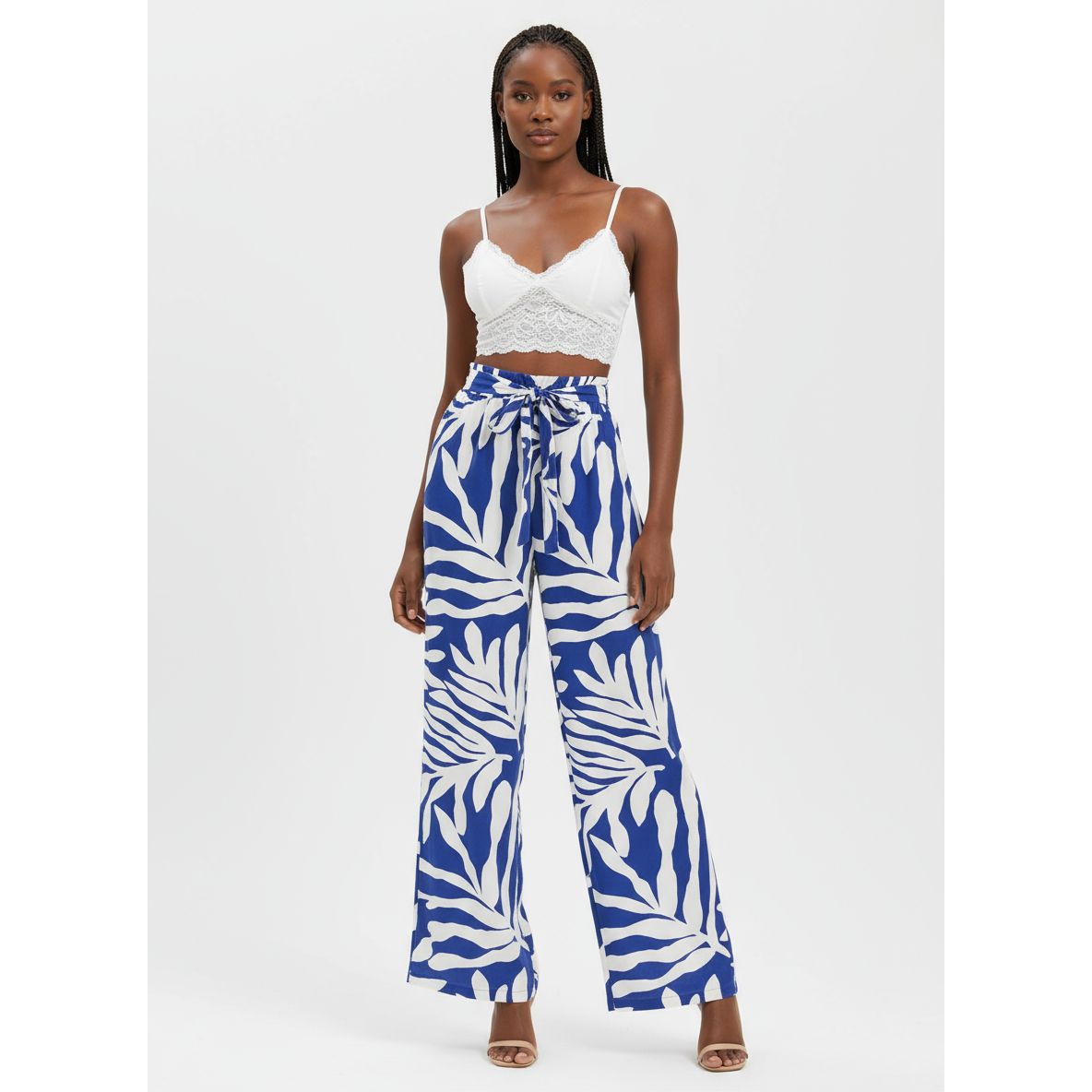 White Leaf Print Straight Leg Pants.