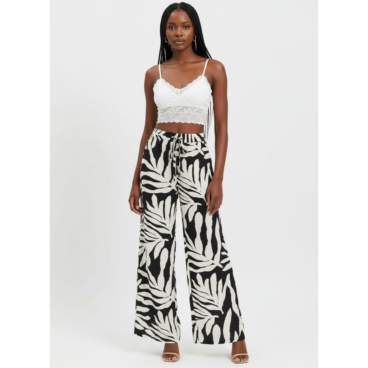 White Leaf Print Straight Leg Pants.