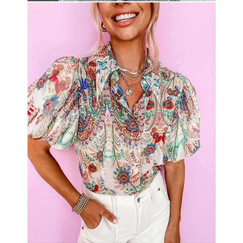 Floral Printed Buttoned Blouse Shirt.