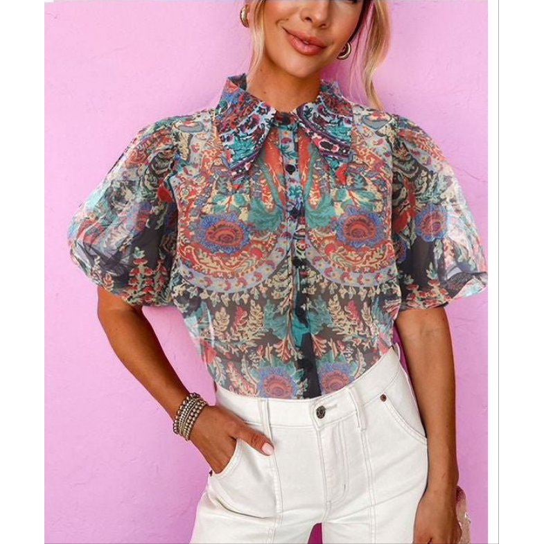 Floral Printed Buttoned Blouse Shirt.