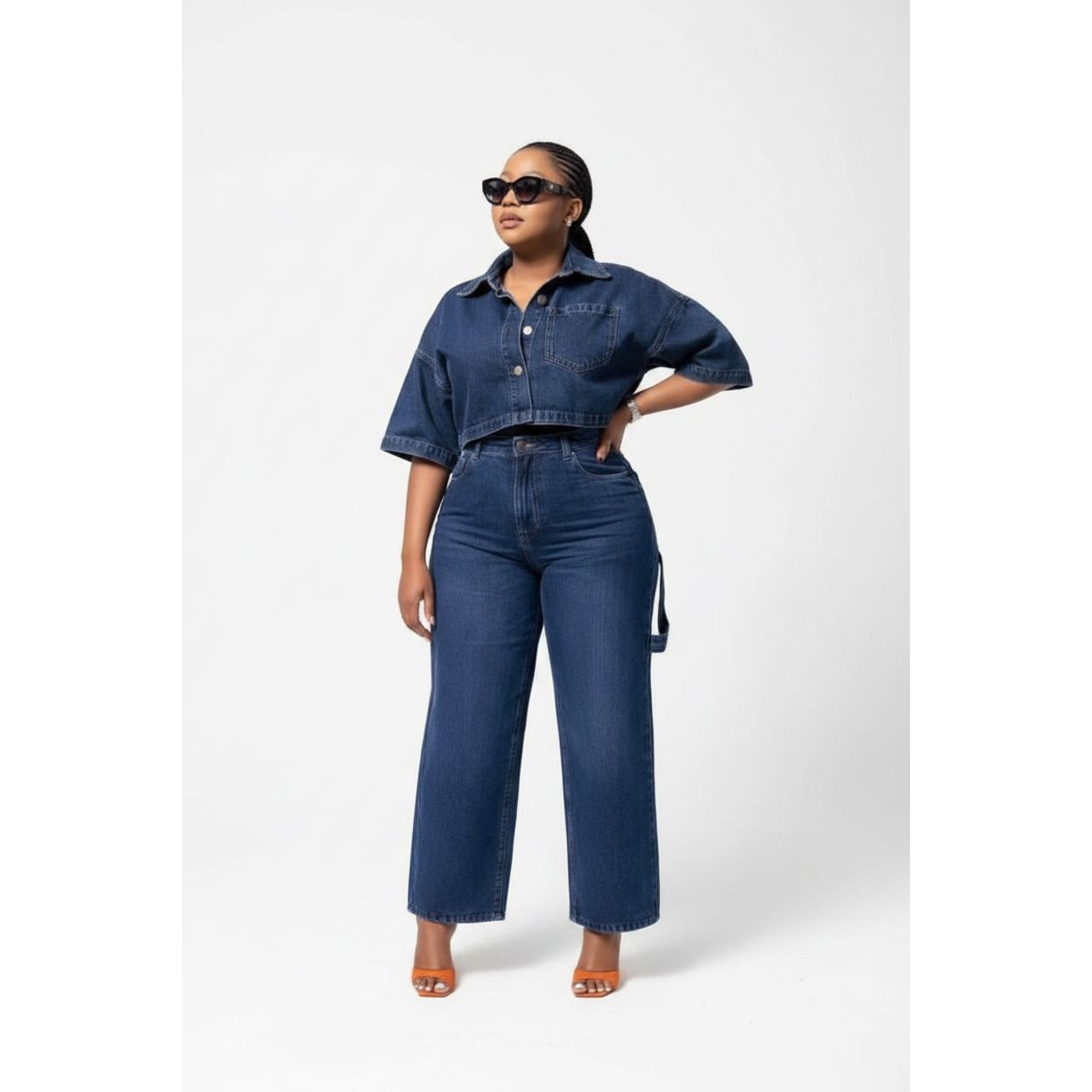 Side Pocket Cargo Jean and Plus Size Short Sleeve Pullover Denim Set