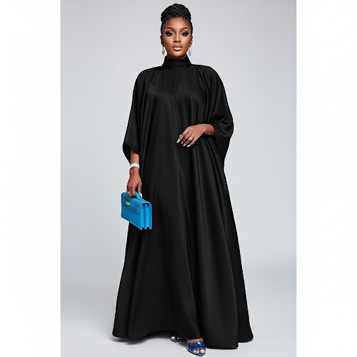 Plus Size Plain Ruched Maxi Kaftan Elegant Mock Neck Batwing Sleeve Dress
