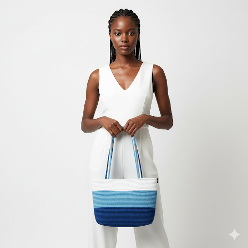 Shoulder tote bags Aqua Blue & White Cotton Rope Ladies Handbag