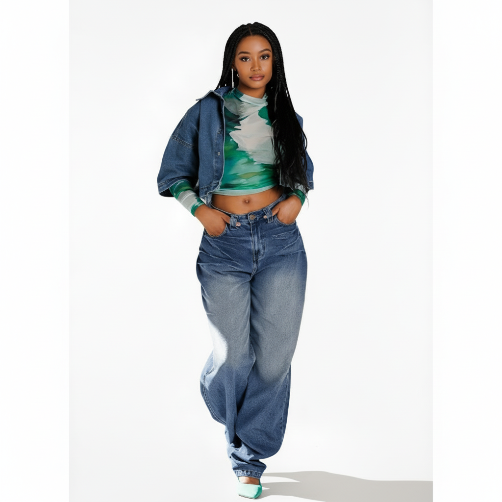 Ladies' Washed Loose Fit Straight Leg Jeans With Slanted Pocket