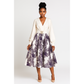 Plus Size Elegant Long Sleeve Embossed Print Patchwork Solid Color Adjustable Waist Dress