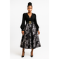 Plus Size Elegant Long Sleeve Embossed Print Patchwork Solid Color Adjustable Waist Dress