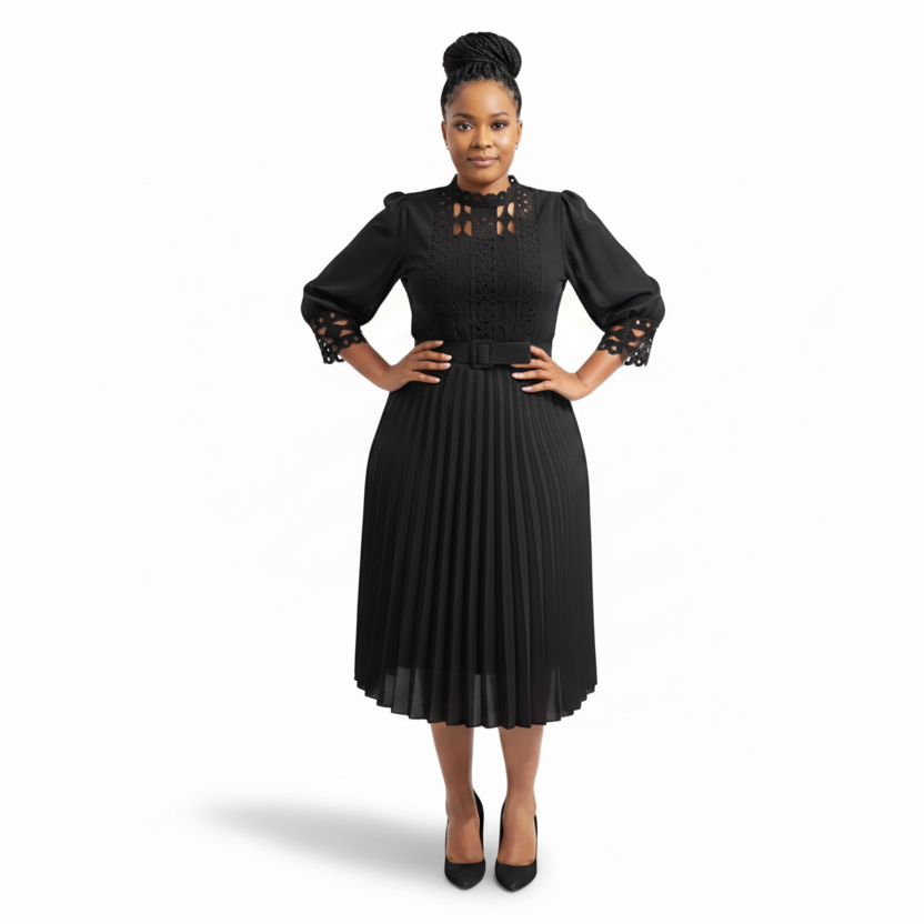 Plus Size Belted Lace Insert Pleated Hem Dress