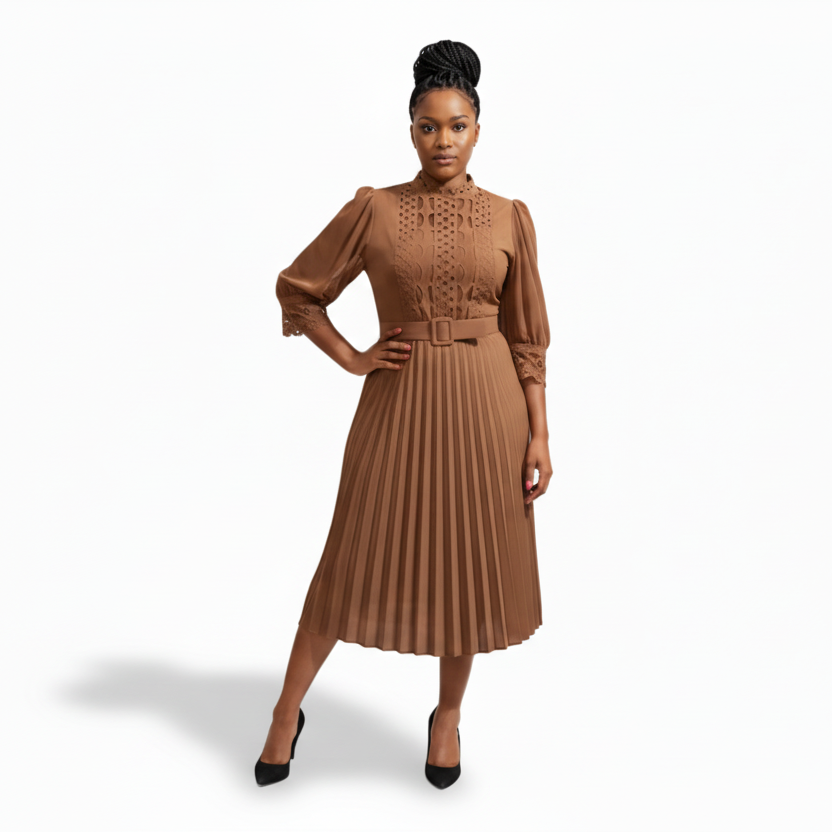Plus Size Belted Lace Insert Pleated Hem Dress