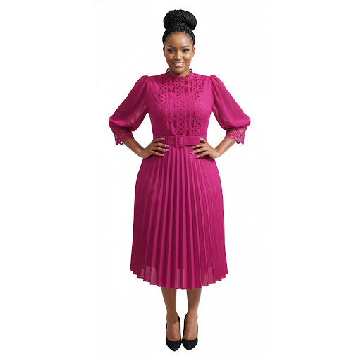 Plus Size Belted Lace Insert Pleated Hem Dress