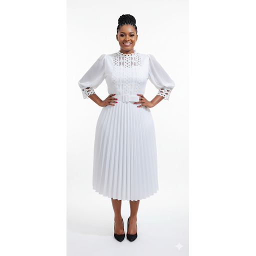 Plus Size Belted Lace Insert Pleated Hem Dress