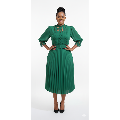 Plus Size Belted Lace Insert Pleated Hem Dress