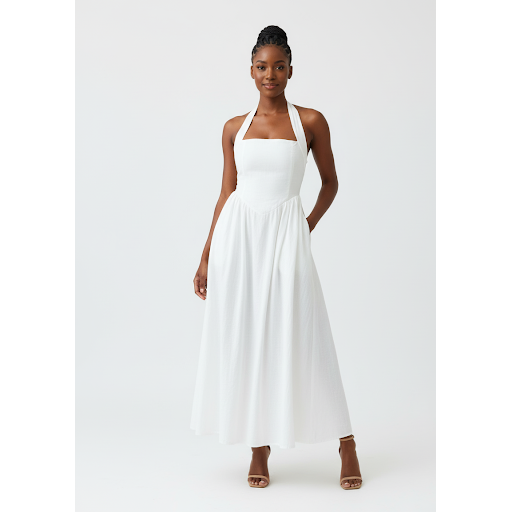 Halter Neck Lace Up Pleated Maxi Dress.