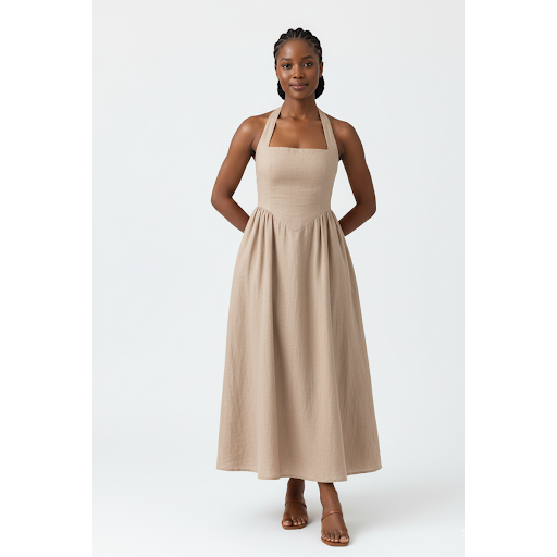 Halter Neck Lace Up Pleated Maxi Dress.