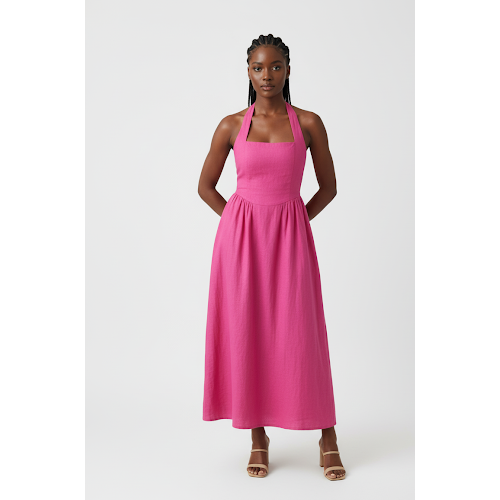 Halter Neck Lace Up Pleated Maxi Dress.