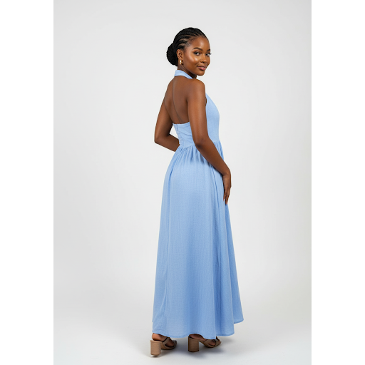 Halter Neck Lace Up Pleated Maxi Dress.