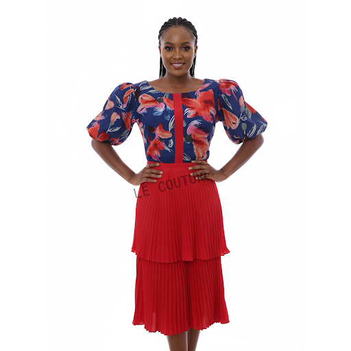 Ladies Floral Printed Flared Top And&nbsp; Pleated Skirt Set
