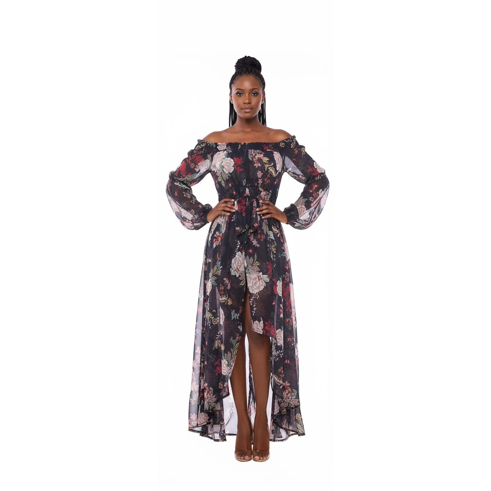 Floral off-shoulder dress with a high-low hem on a mannequin against a white background