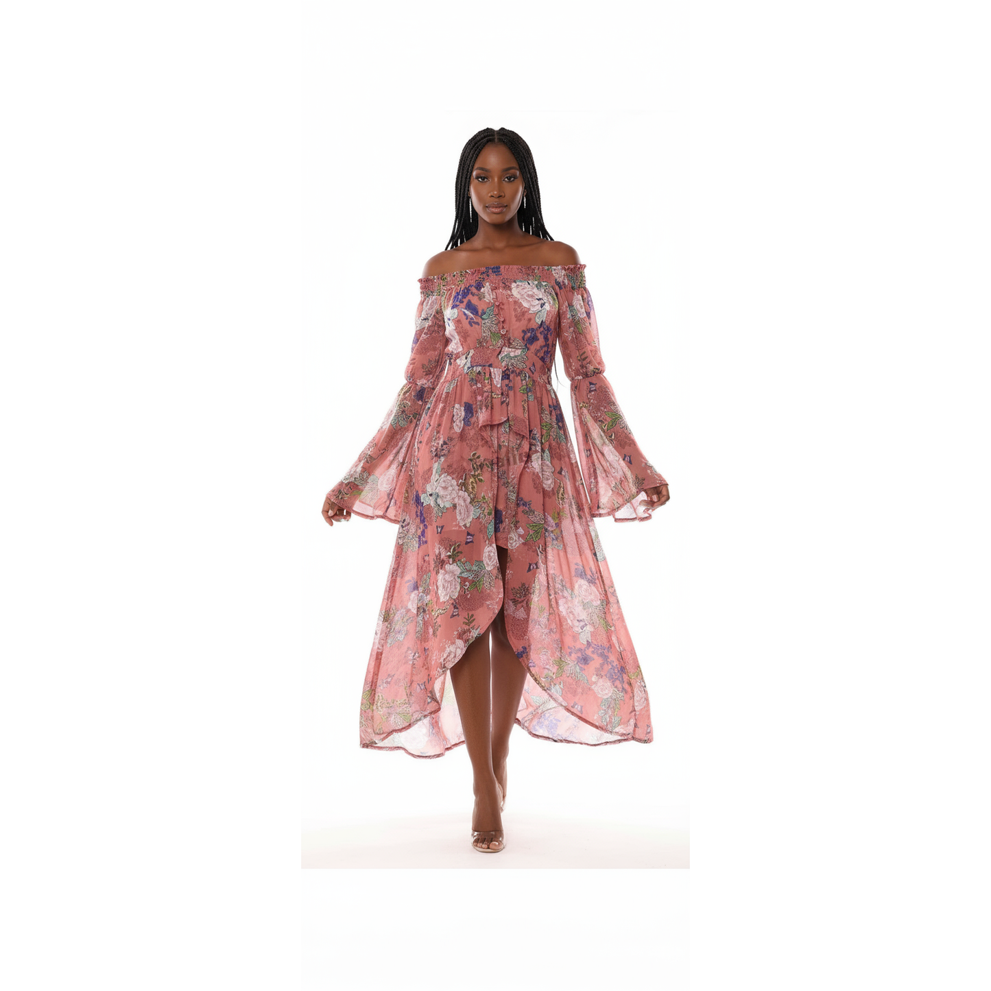 Floral off-shoulder dress on a mannequin against a white background