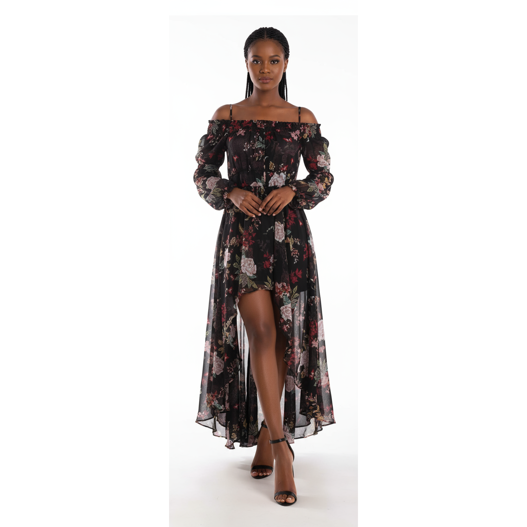 Floral off-shoulder top with long sleeves and white pants on a mannequin against a white background