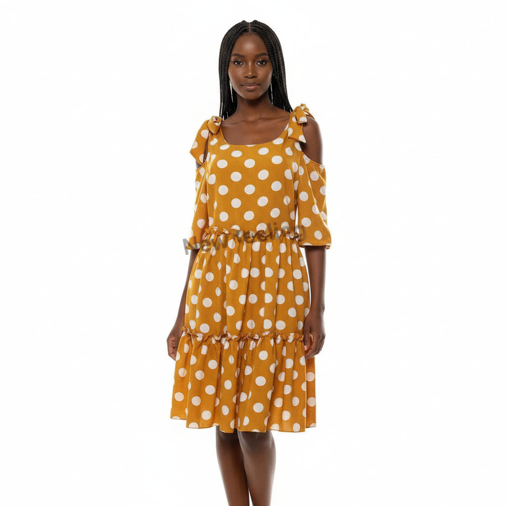 Cut off The Shoulder Polka Dots Dress