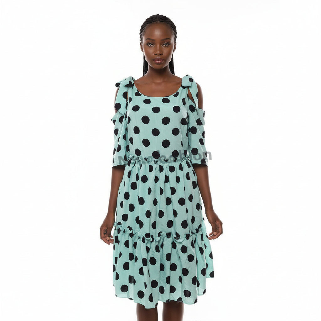 Cut off The Shoulder Polka Dots Dress