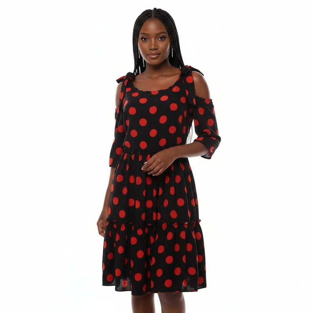 Cut off The Shoulder Polka Dots Dress