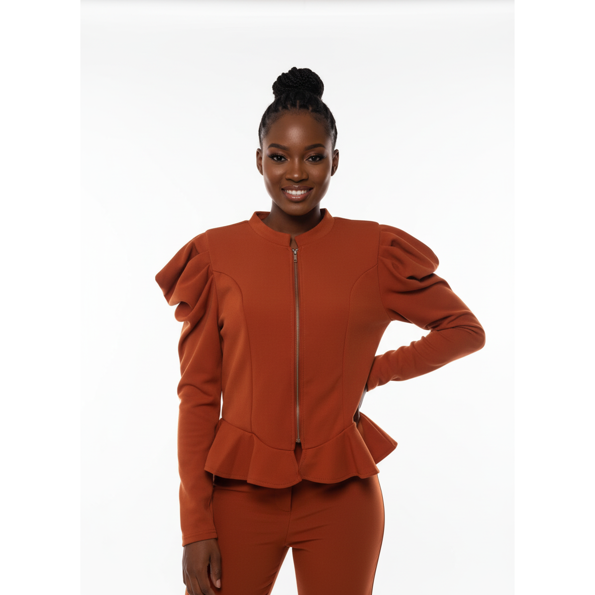 Lantern Sleeve Zipper Blouse 