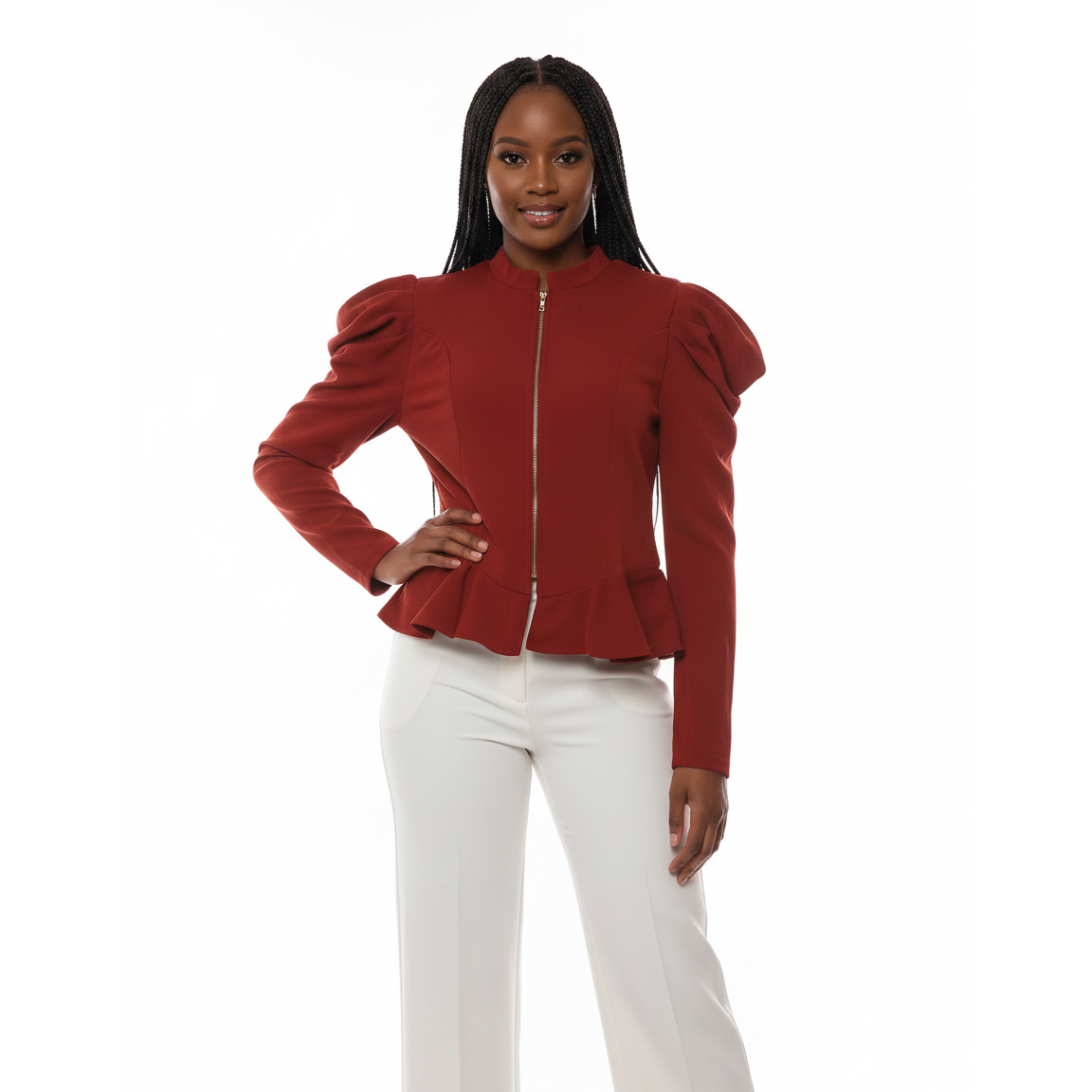 Lantern Sleeve Zipper Blouse 