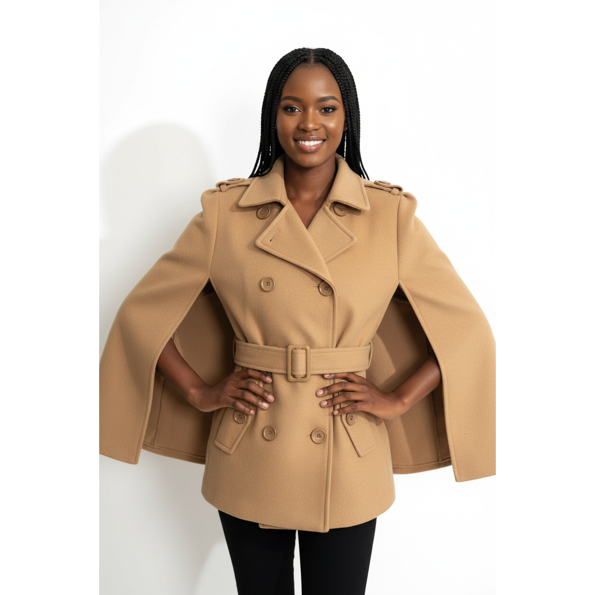 Women's Belted Cape Coat | Wool Turn-Down Collar Winter Coat