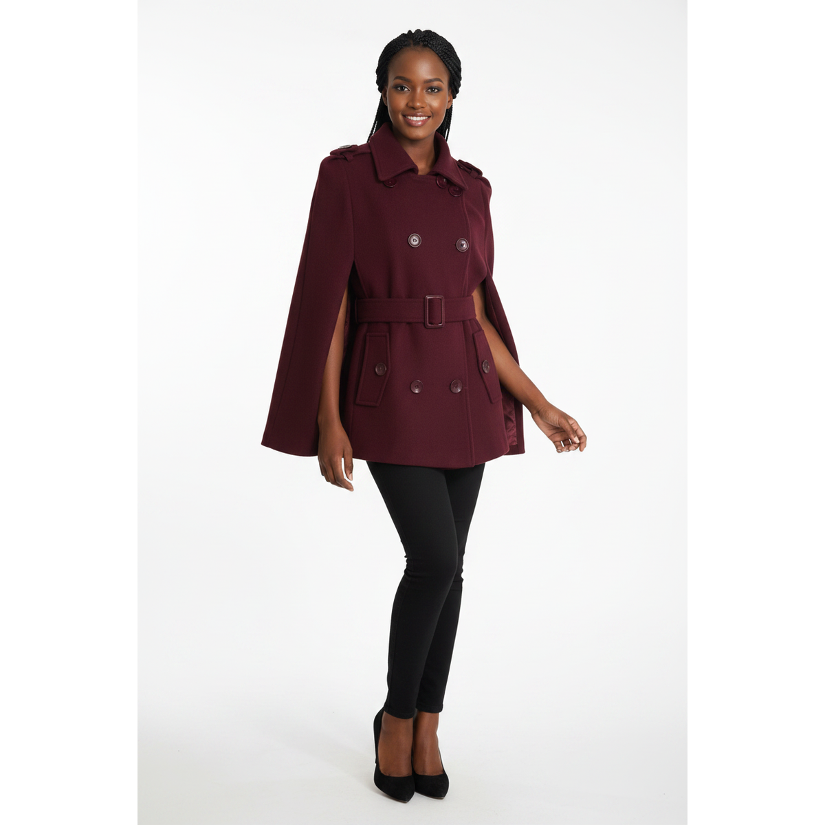 Women's Belted Cape Coat | Wool Turn-Down Collar Winter Coat