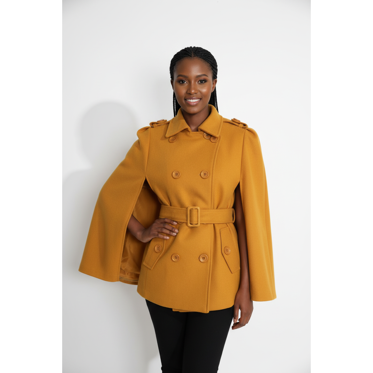 Women's Belted Cape Coat | Wool Turn-Down Collar Winter Coat