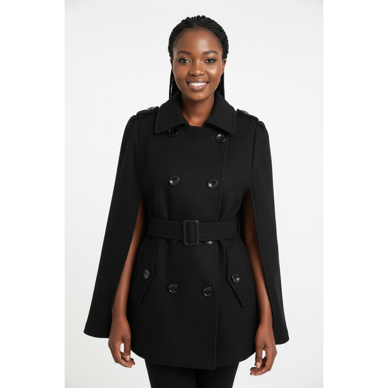 Winter Turn down Collar Belted Cape Coat 