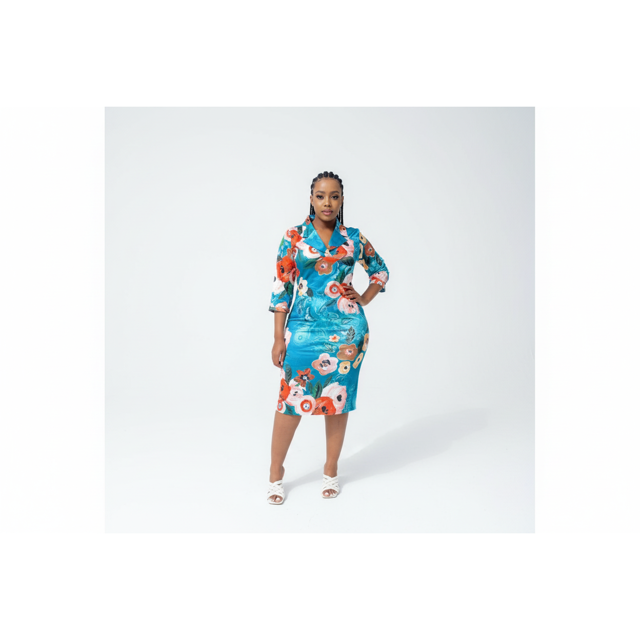 V-Neck Collar print Midi Dress