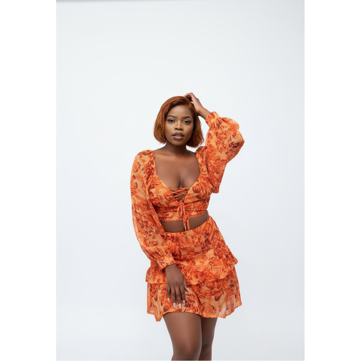 Deep V neck Lantern Sleeve chiffon shirt two-piece set