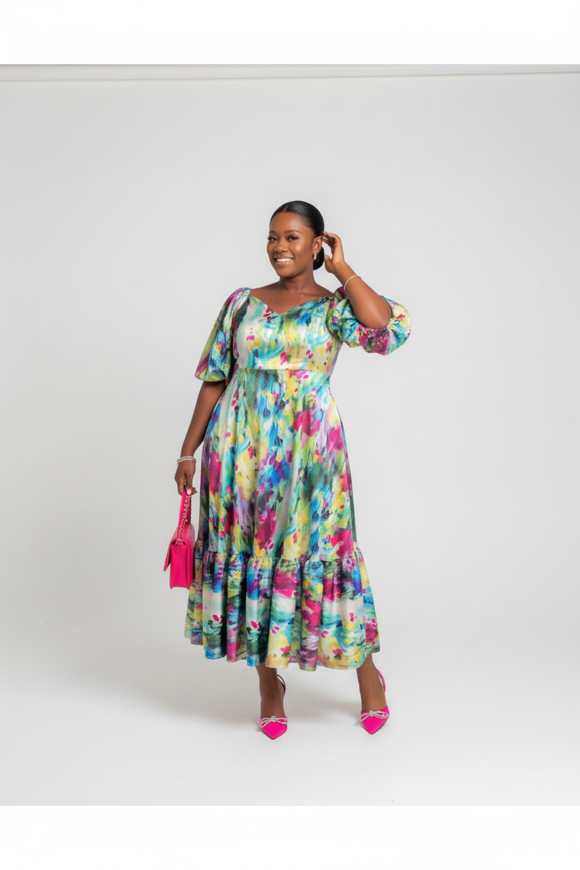 Lantern Short Sleeve Floral Maxi Dress