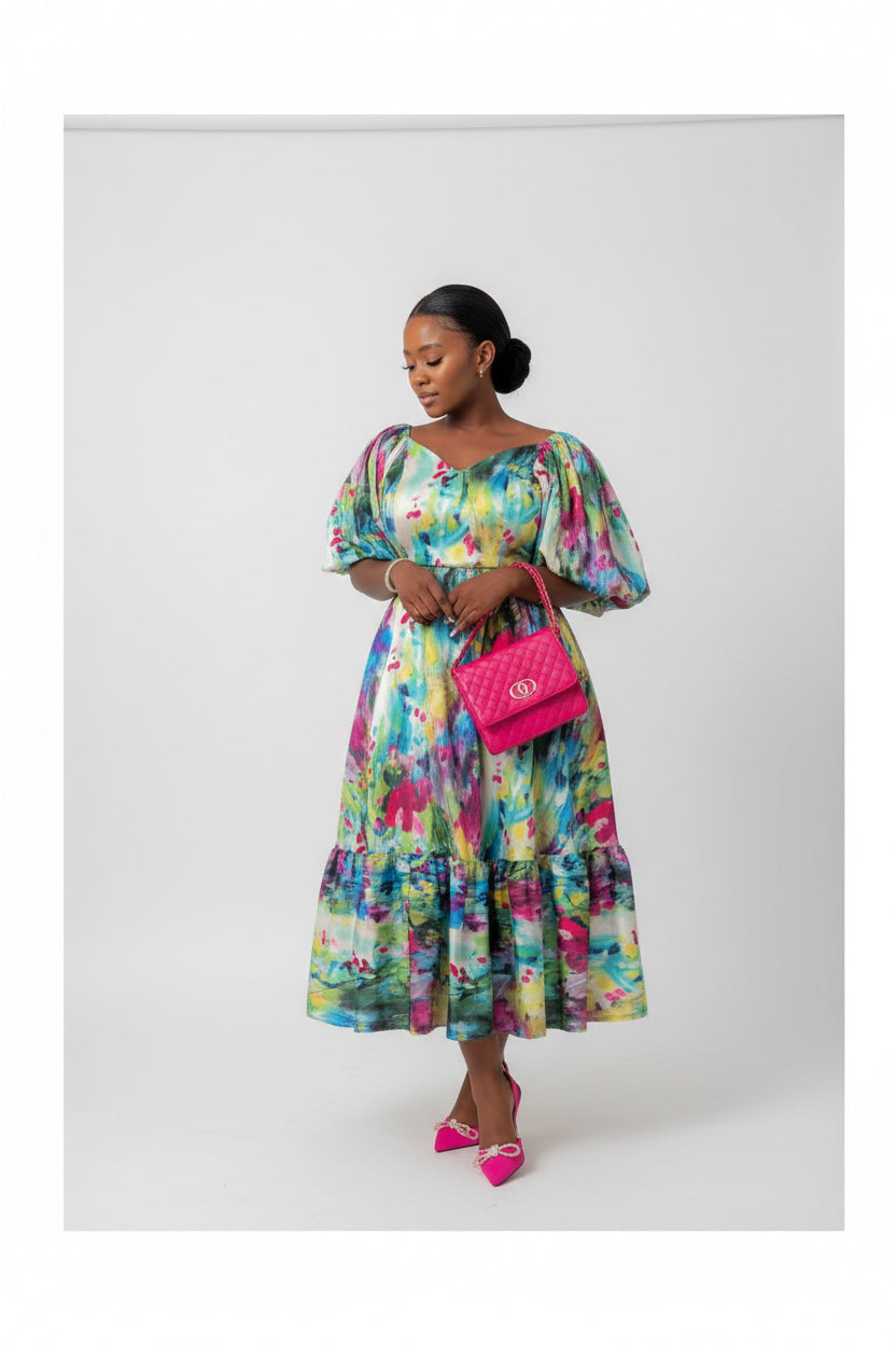 Lantern Short Sleeve Floral Maxi Dress