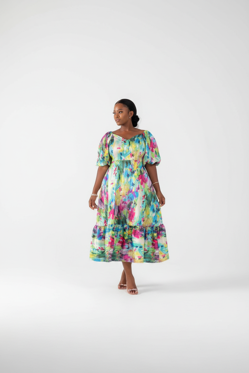 Lantern Short Sleeve Floral Maxi Dress