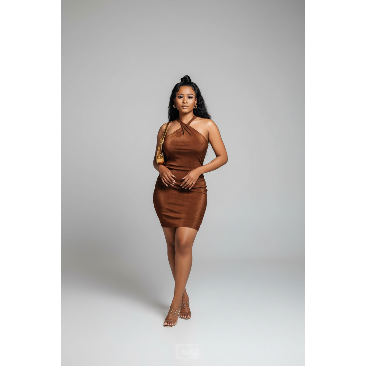 Crossover-Neck Mini Pleats Dress