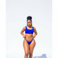 This image features a vibrant blue button tie bikini set, which includes a two-piece design with adjustable straps and secure fit, ideal for both comfort and style. The bikini is crafted from a blend of polyester and spandex, providing elasticity and shape retention.