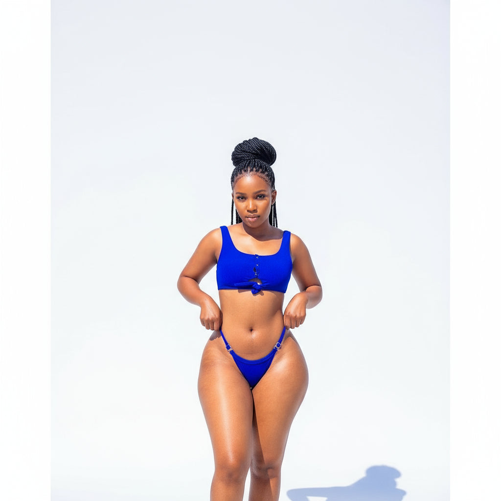 This image features a vibrant blue button tie bikini set, which includes a two-piece design with adjustable straps and secure fit, ideal for both comfort and style. The bikini is crafted from a blend of polyester and spandex, providing elasticity and shape retention.