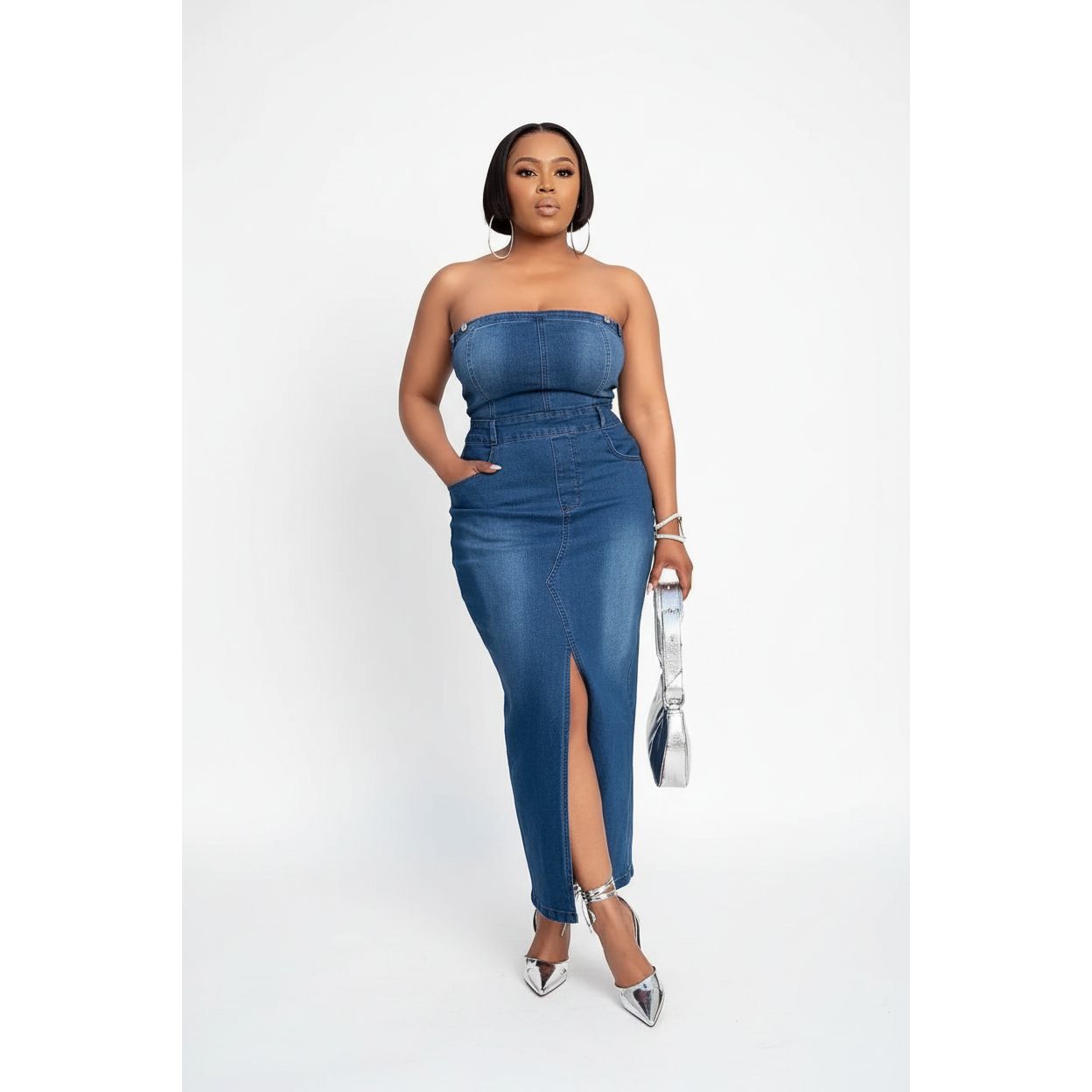 Boob Tube Slit Denim Dress