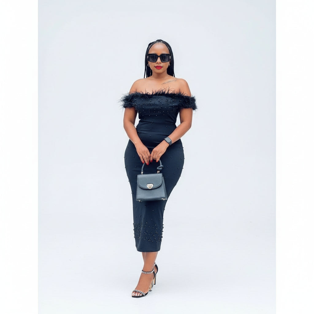 Beaded Off Shoulder Feather Dress