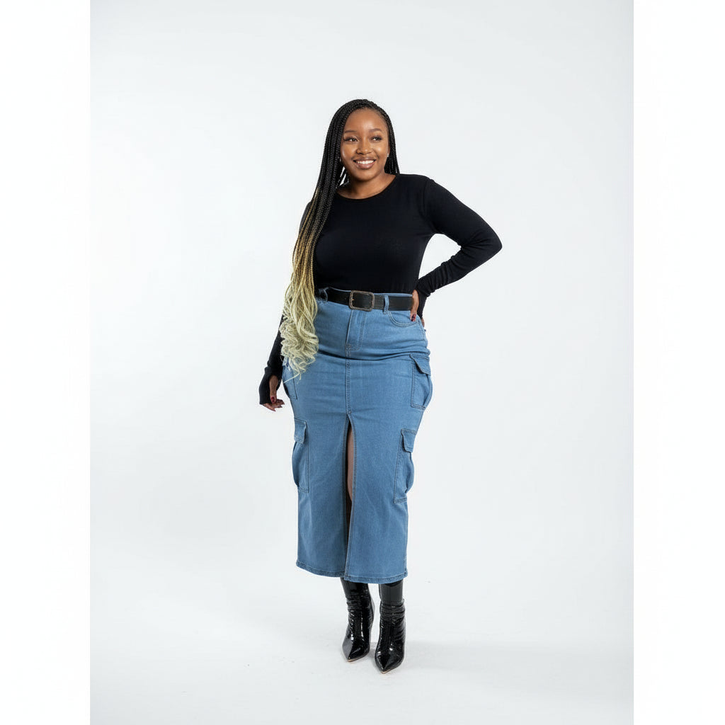 Denim Cargo Slit Skirt