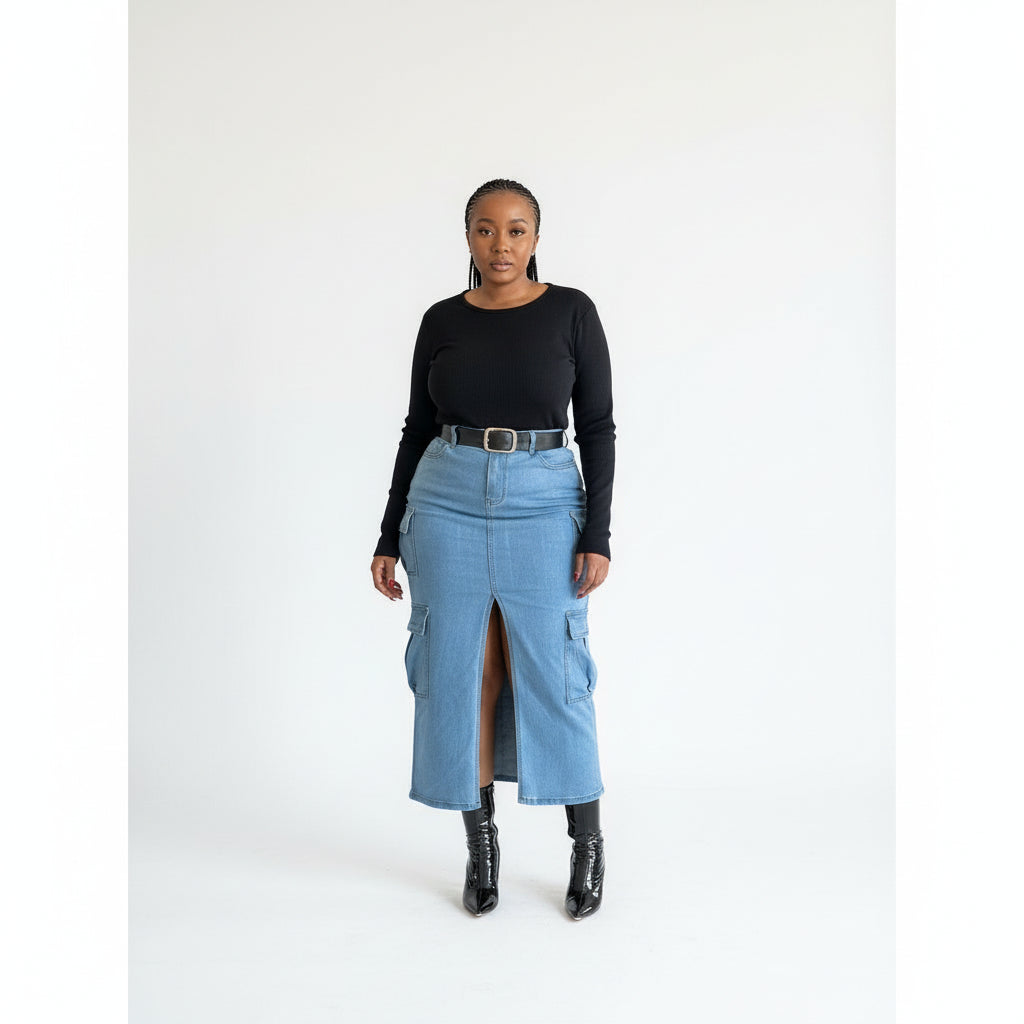 Denim Cargo Slit Skirt
