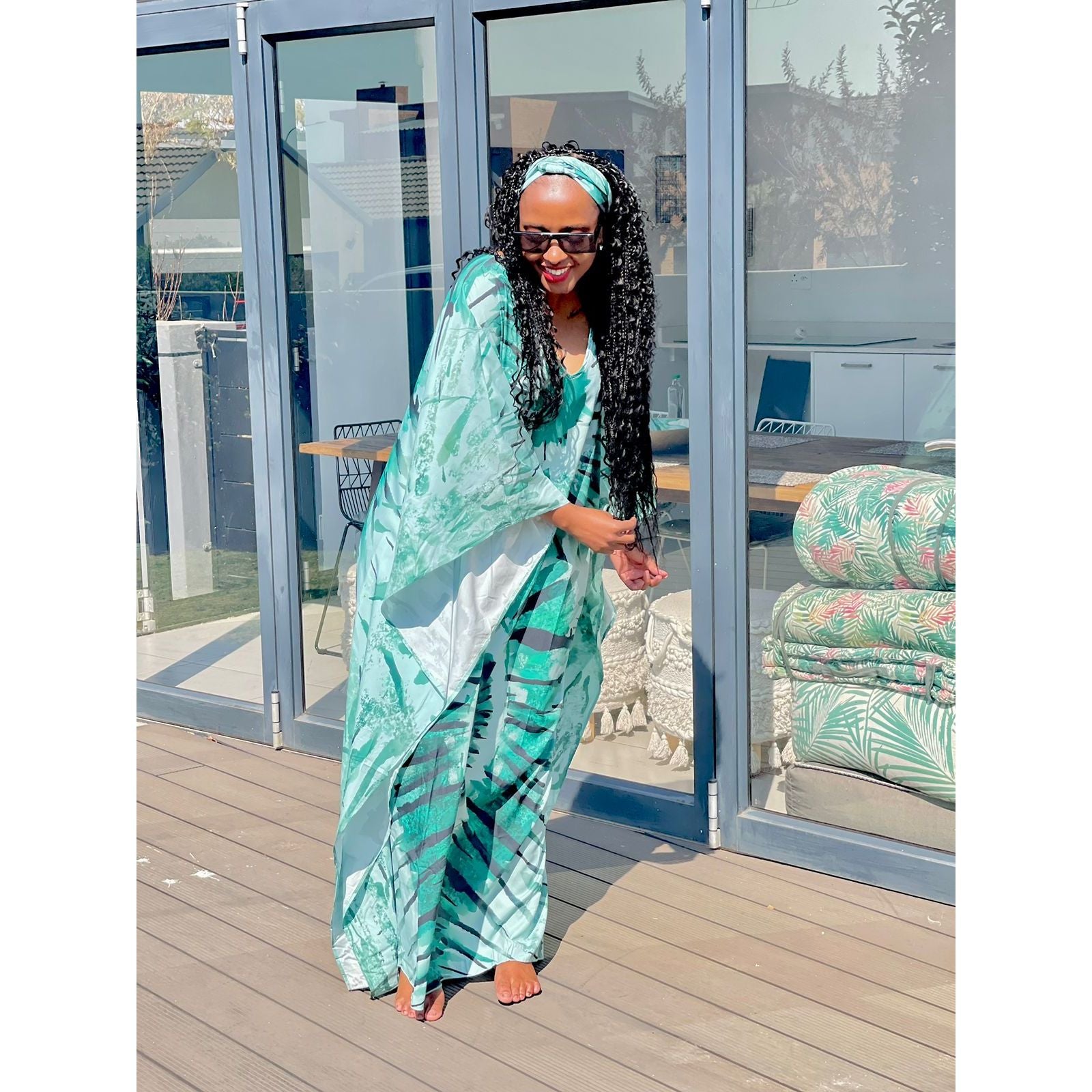 Tie-Die Emerald Green Print Silk Caftan Dress