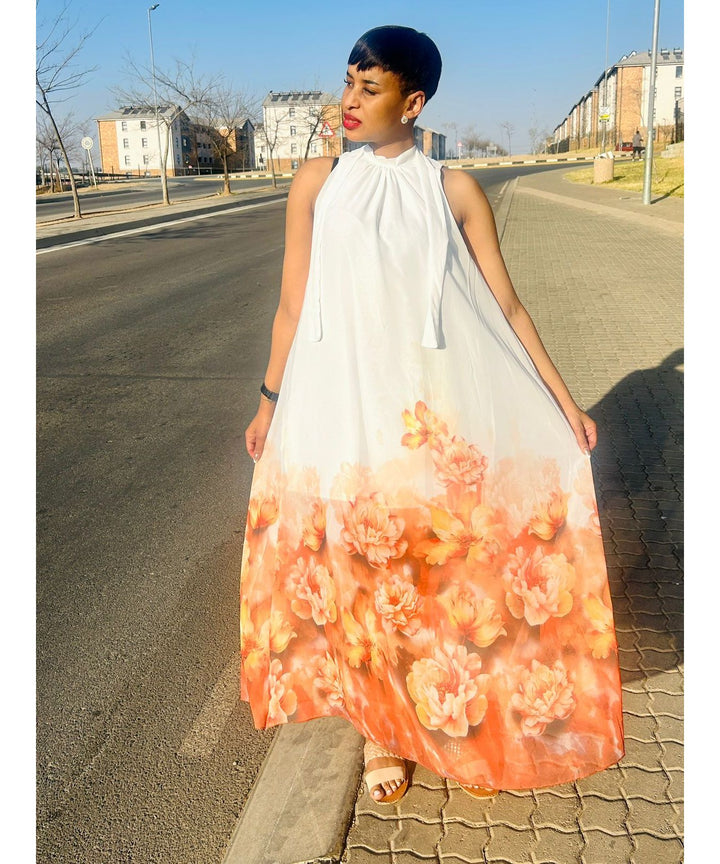 Solid Color Round Neck Floral Maxi Dress