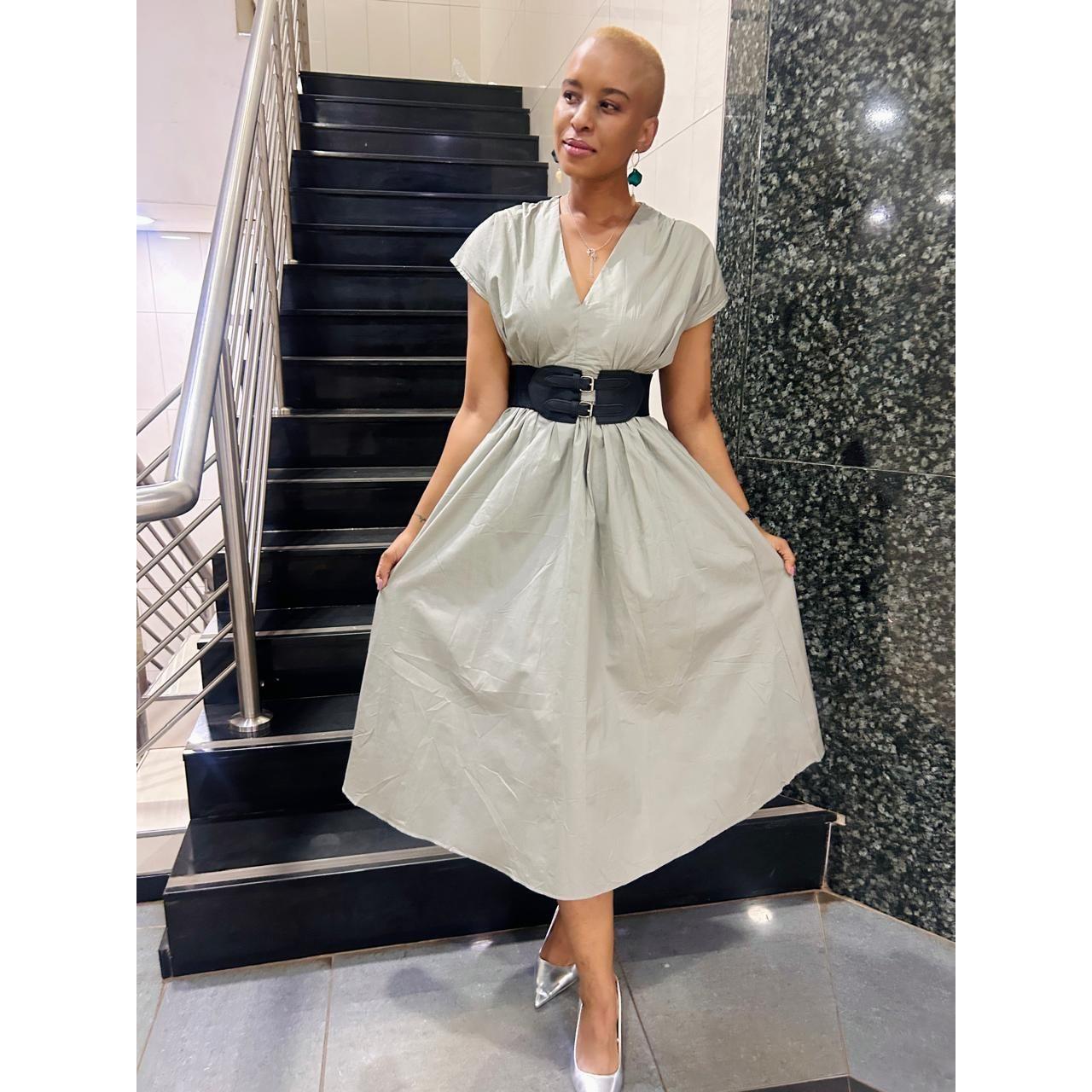 Pleated Waist Belt Flying Sleeve Office Street Dress.